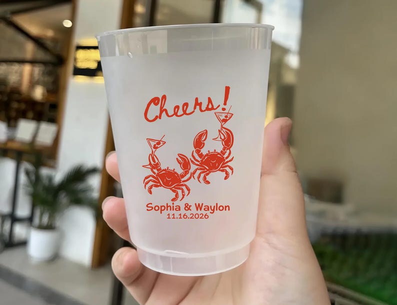 Custom Crab Wedding Cups, Personalized Coastal Party Cups