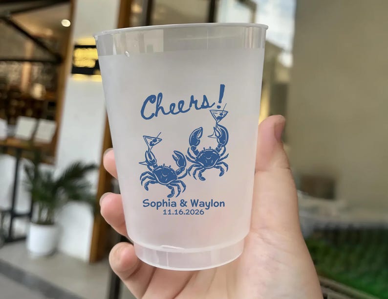 Custom Crab Wedding Cups, Personalized Coastal Party Cups