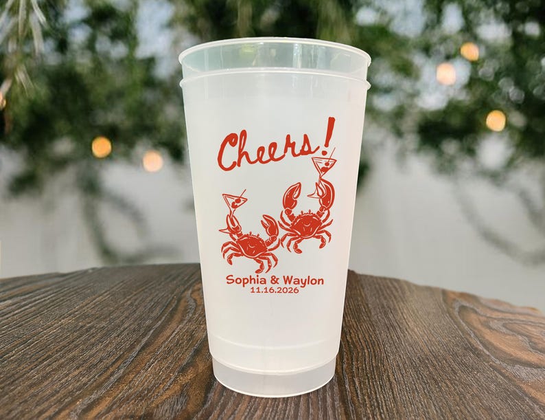 Custom Crab Wedding Cups, Personalized Coastal Party Cups
