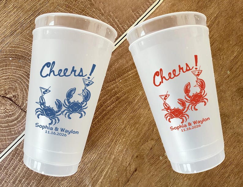 Custom Crab Wedding Cups, Personalized Coastal Party Cups