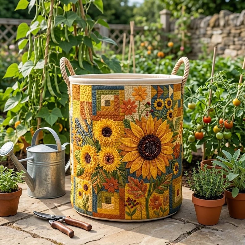 Sunflower Quilted Laundry Basket, Summer Floral Storage Bin, Large Foldable Basket