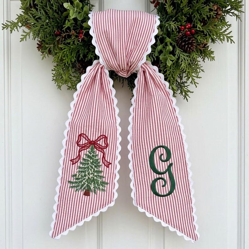 Personalized Christmas Tree Wreath Sash, Stripe Front Door Ric Rac Bow, Embroidered Holiday Decor