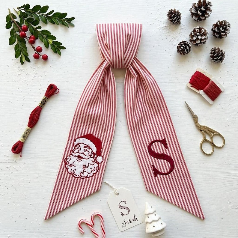 Personalized Christmas Wreath Sash, Stripe Front Door Ric Rac Bow, Embroidered Santa Decor