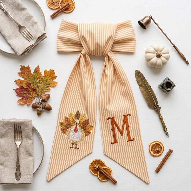Thanksgiving Wreath Sash, Personalized Turkey Door Bow, Monogram Fall Wreath Bow