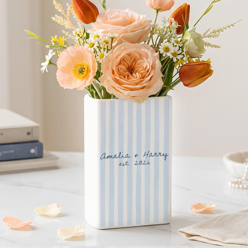 Personalized Engagement Ceramic Book Vase, Custom Striped Couple Name Book Vase