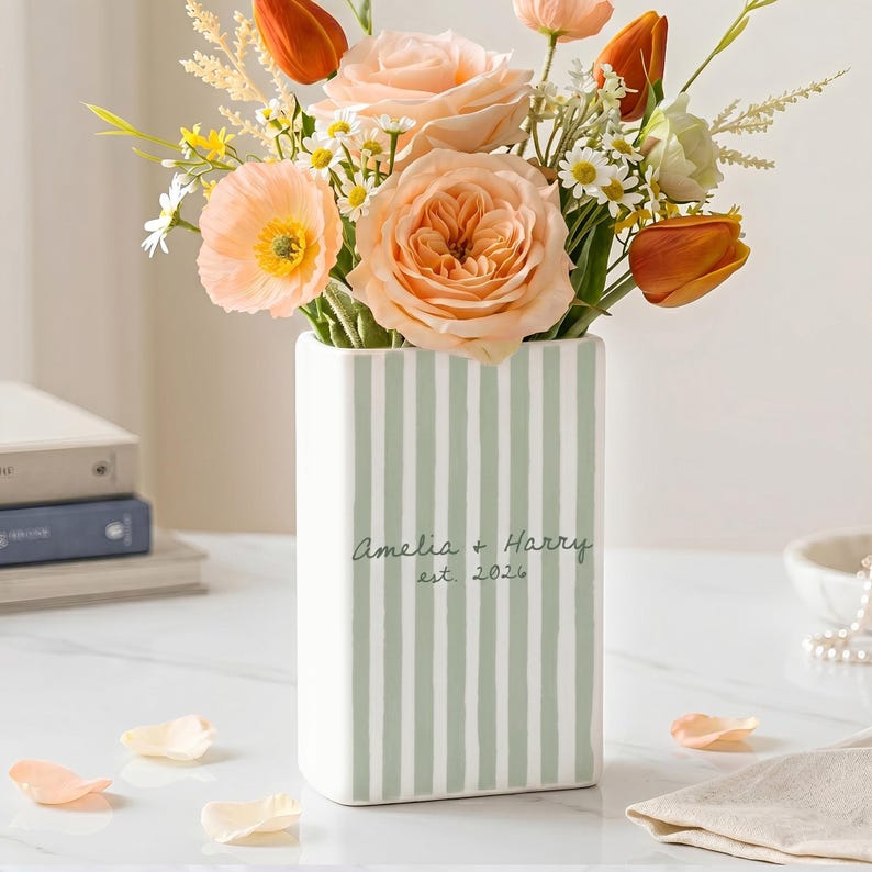 Personalized Engagement Ceramic Book Vase, Custom Striped Couple Name Book Vase