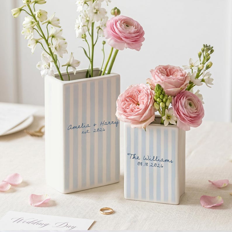 Personalized Engagement Ceramic Book Vase, Custom Striped Couple Name Book Vase
