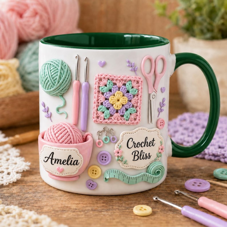 Personalized Crochet Mug, Yarn Love Coffee Cup, Custom Name Knitting Mug, Crochet Lover Gift, Knitter Gift, Yarn Lover Mug