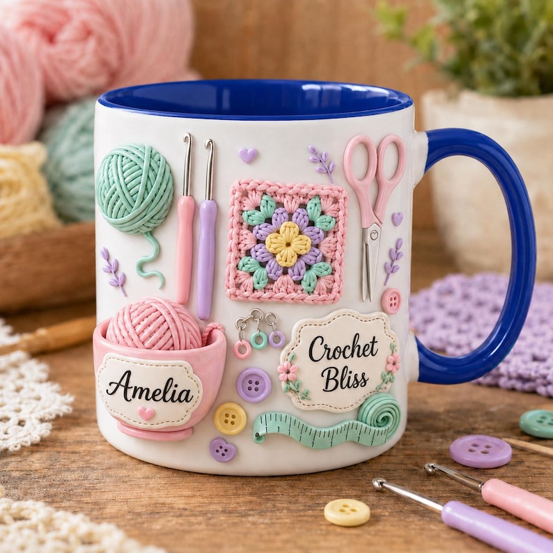 Personalized Crochet Mug, Yarn Love Coffee Cup, Custom Name Knitting Mug, Crochet Lover Gift, Knitter Gift, Yarn Lover Mug