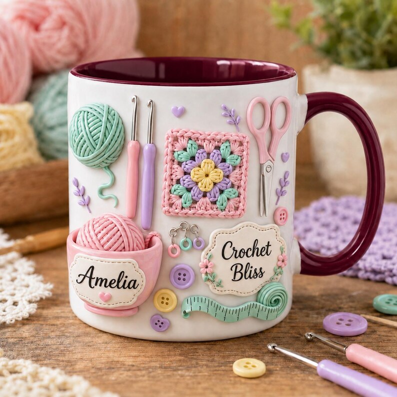 Personalized Crochet Mug, Yarn Love Coffee Cup, Custom Name Knitting Mug, Crochet Lover Gift, Knitter Gift, Yarn Lover Mug