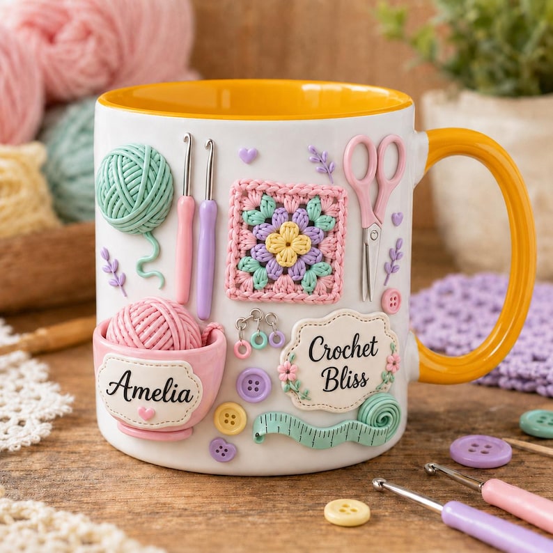 Personalized Crochet Mug, Yarn Love Coffee Cup, Custom Name Knitting Mug, Crochet Lover Gift, Knitter Gift, Yarn Lover Mug
