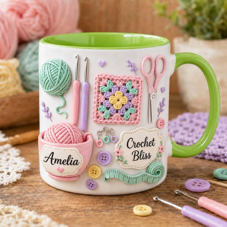 Personalized Crochet Mug, Yarn Love Coffee Cup, Custom Name Knitting Mug, Crochet Lover Gift, Knitter Gift, Yarn Lover Mug