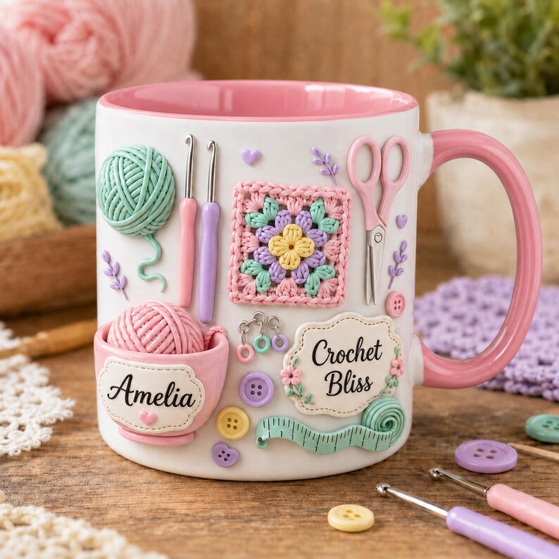 Personalized Crochet Mug, Yarn Love Coffee Cup, Custom Name Knitting Mug, Crochet Lover Gift, Knitter Gift, Yarn Lover Mug