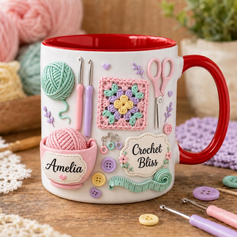 Personalized Crochet Mug, Yarn Love Coffee Cup, Custom Name Knitting Mug, Crochet Lover Gift, Knitter Gift, Yarn Lover Mug