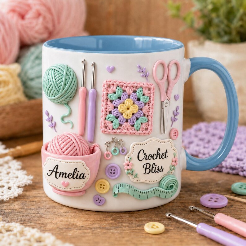 Personalized Crochet Mug, Yarn Love Coffee Cup, Custom Name Knitting Mug, Crochet Lover Gift, Knitter Gift, Yarn Lover Mug