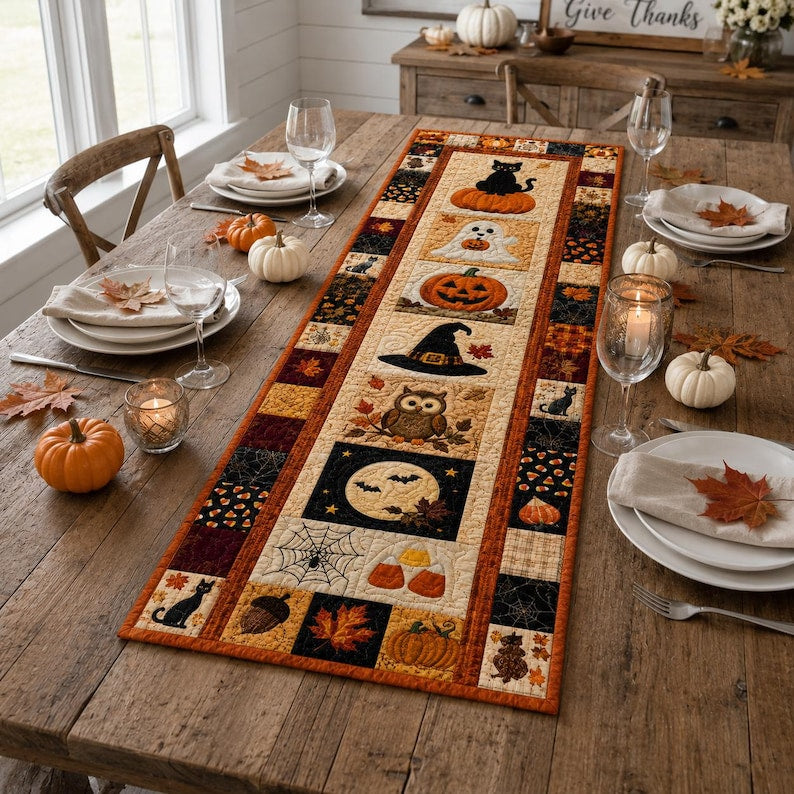 Halloween Quilted Table Runner, Fall Autumn Patchwork Decor, Pumpkin Witch Owl Print