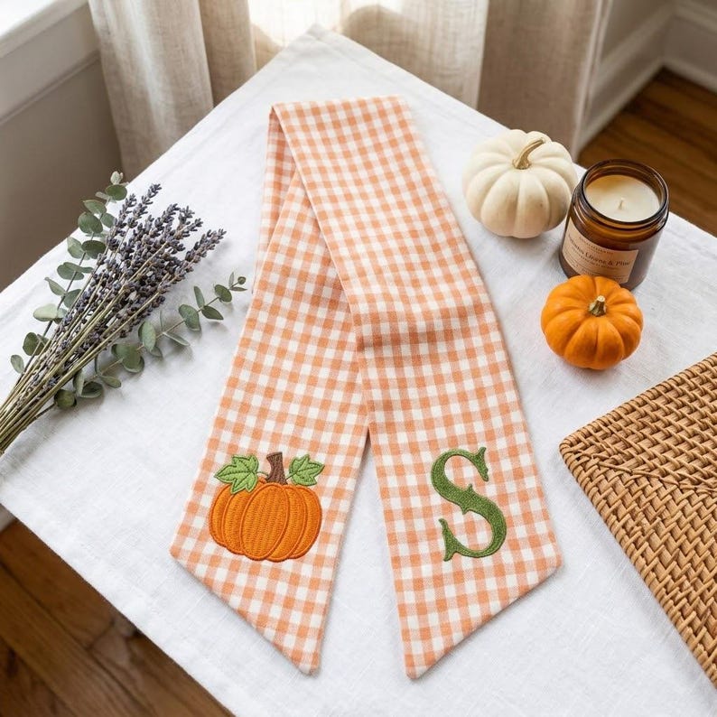 Embroidered Custom Pumpkin Fall Wreath Sash, Personalized Monogram Thanksgiving Decor, Fall Wreath Scarf with Initial