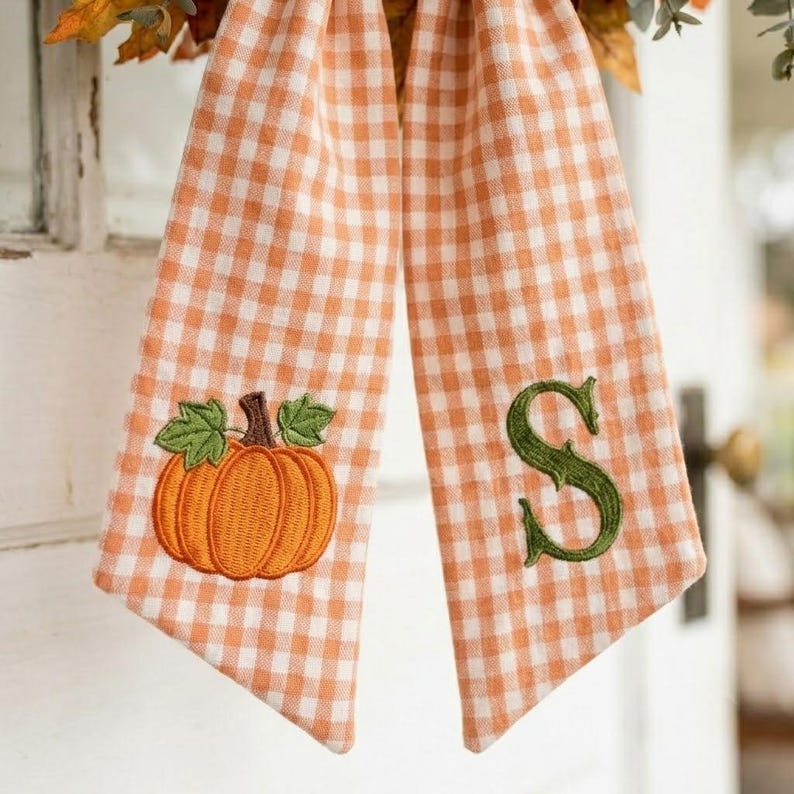 Embroidered Custom Pumpkin Fall Wreath Sash, Personalized Monogram Thanksgiving Decor, Fall Wreath Scarf with Initial