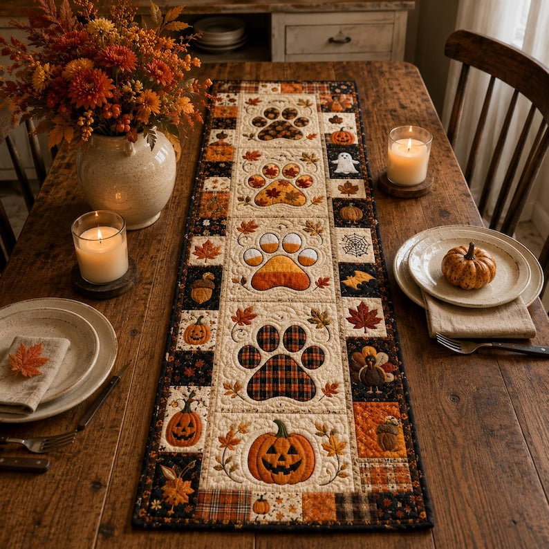 Printed Quilted Paw Print Table Runner, Fall Autumn Halloween Decor