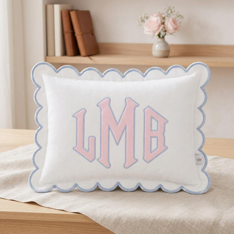 Personalized Embroidered Pillow Cover, Custom Name Cushion Cover, Monogram Scalloped Pillow, Kids Room Decor