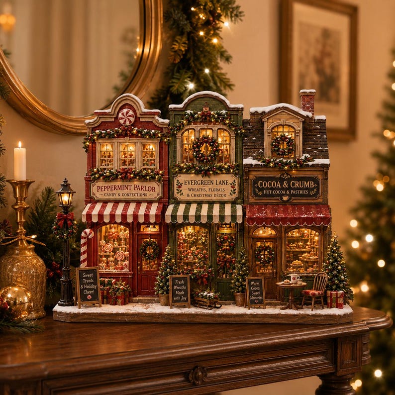 Christmas Village Wooden Block Decor, Mini Holiday Village Shop Display, Rustic Farmhouse Mantel Shelf Sitter