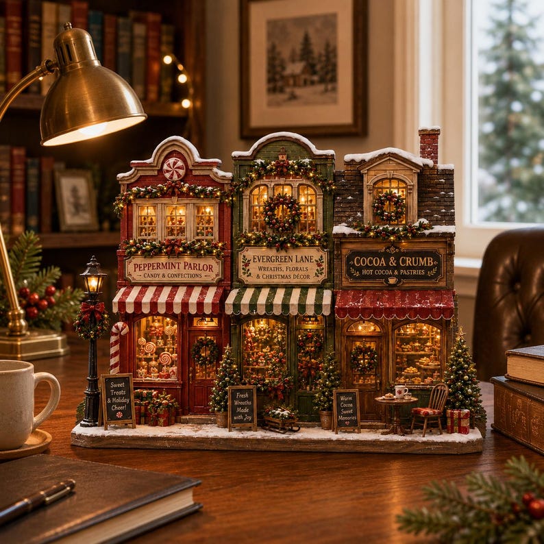 Christmas Village Wooden Block Decor, Mini Holiday Village Shop Display, Rustic Farmhouse Mantel Shelf Sitter
