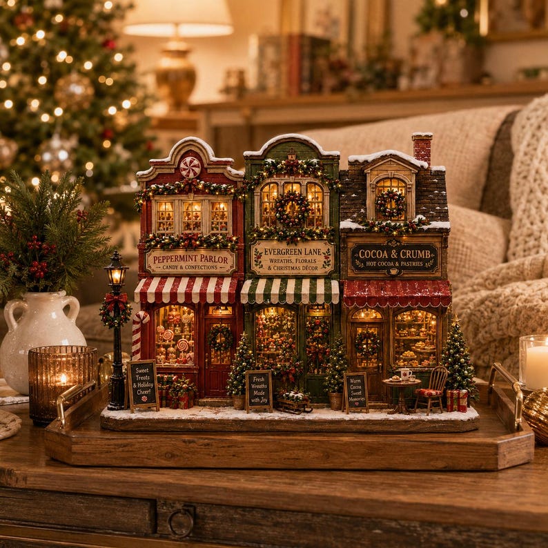 Christmas Village Wooden Block Decor, Mini Holiday Village Shop Display, Rustic Farmhouse Mantel Shelf Sitter