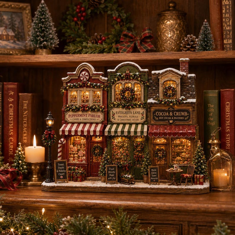 Christmas Village Wooden Block Decor, Mini Holiday Village Shop Display, Rustic Farmhouse Mantel Shelf Sitter