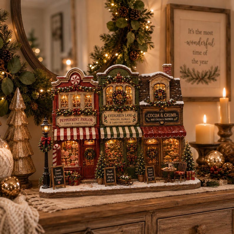 Christmas Village Wooden Block Decor, Mini Holiday Village Shop Display, Rustic Farmhouse Mantel Shelf Sitter