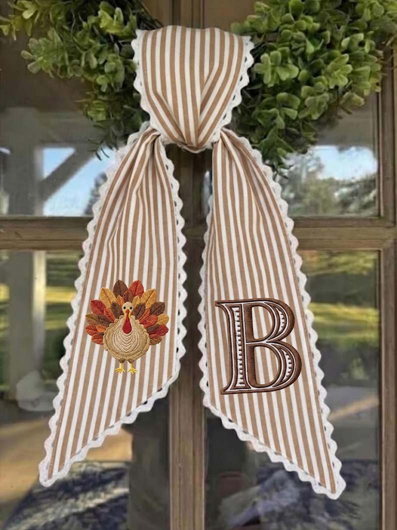Personalized Turkey Monogram Wreath Sash, Embroidered Thanksgiving Door Bow, Fall Wreath Ribbon Decor