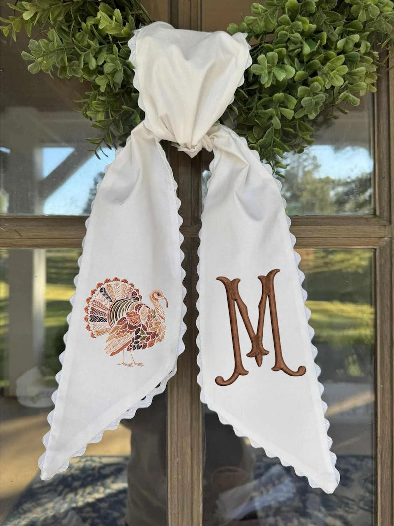 Personalized Turkey Monogram Wreath Sash, Embroidered Thanksgiving Door Bow, Fall Wreath Ribbon Decor