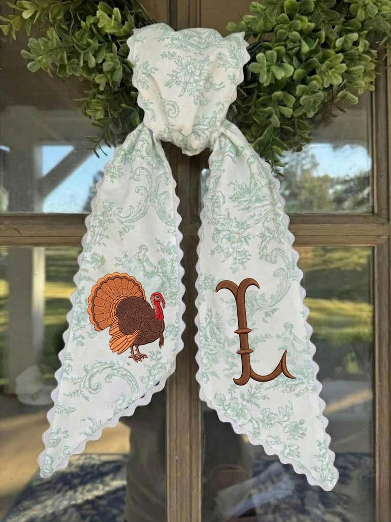 Personalized Turkey Monogram Wreath Sash, Embroidered Thanksgiving Door Bow, Fall Wreath Ribbon Decor