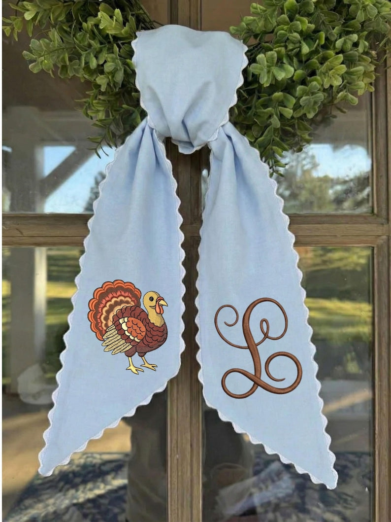 Personalized Turkey Monogram Wreath Sash, Embroidered Thanksgiving Door Bow, Fall Wreath Ribbon Decor