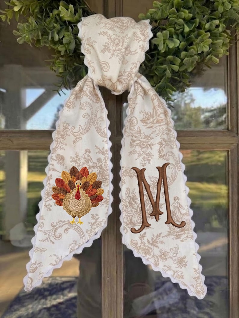 Personalized Turkey Monogram Wreath Sash, Embroidered Thanksgiving Door Bow, Fall Wreath Ribbon Decor
