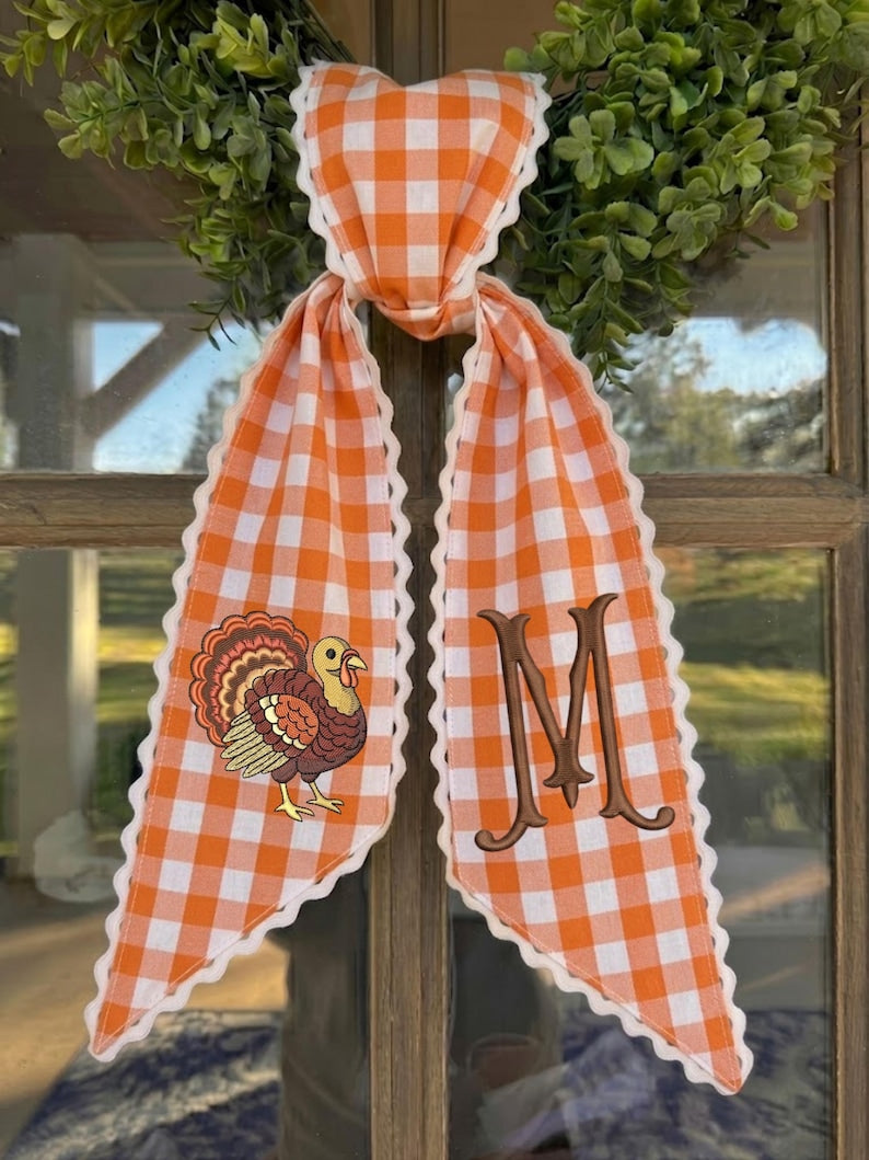 Personalized Turkey Monogram Wreath Sash, Embroidered Thanksgiving Door Bow, Fall Wreath Ribbon Decor