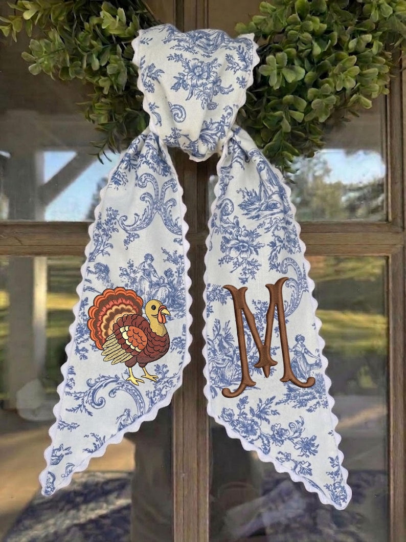 Personalized Turkey Monogram Wreath Sash, Embroidered Thanksgiving Door Bow, Fall Wreath Ribbon Decor