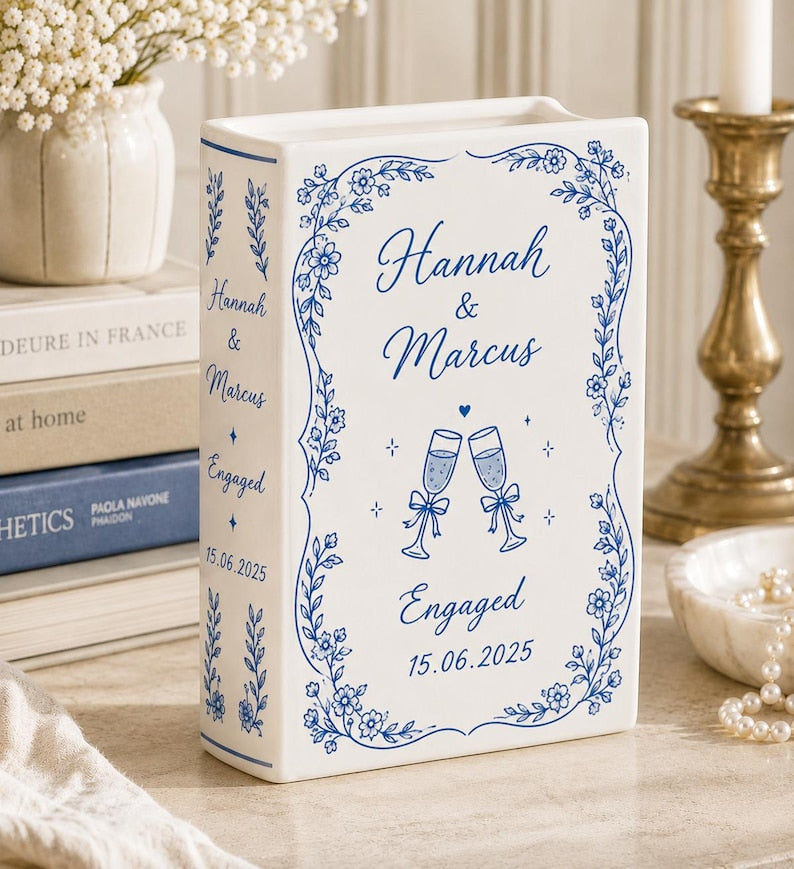 Custom Toile De Jouy Ceramic Book Vase, Personalised Wedding Gift for Couple, Floral Book Shaped Vase