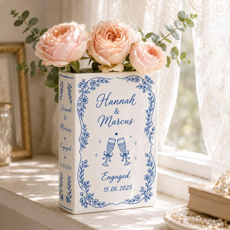 Custom Toile De Jouy Ceramic Book Vase, Personalised Wedding Gift for Couple, Floral Book Shaped Vase