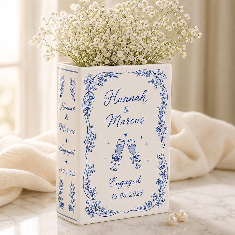 Custom Toile De Jouy Ceramic Book Vase, Personalised Wedding Gift for Couple, Floral Book Shaped Vase