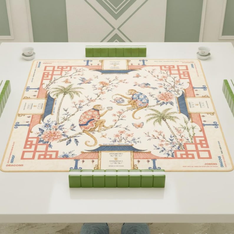Monkey Chinoiserie Mahjong Mat, Oriental Art Table Cover, Game Night Accent