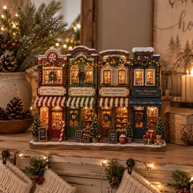 Christmas Wooden Block Village Decor, Lighted Christmas Village Decor, Rustic Farmhouse Mantel Centerpiece