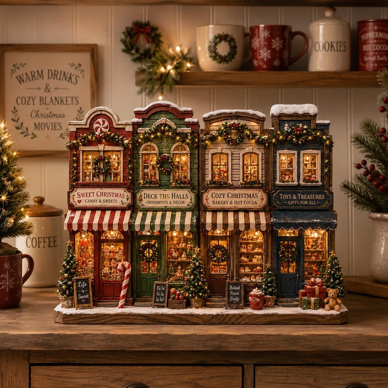 Christmas Wooden Block Village Decor, Lighted Christmas Village Decor, Rustic Farmhouse Mantel Centerpiece