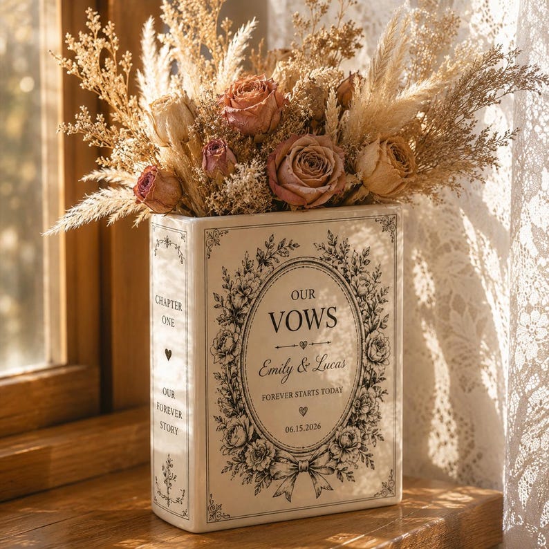 Custom Toile De Jouy Ceramic Book Vase, Personalised Wedding Gift for Couple