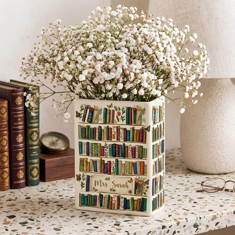 Personalized Ceramic Book Vase, Floral Bookshelf Decor
