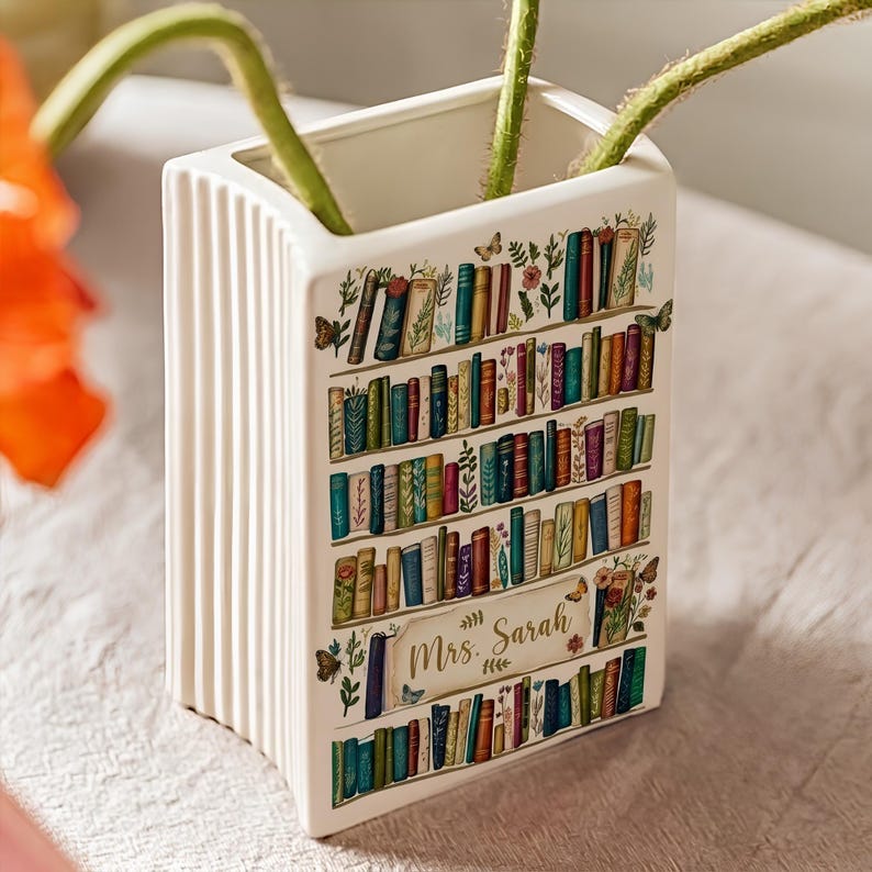 Personalized Ceramic Book Vase, Floral Bookshelf Decor