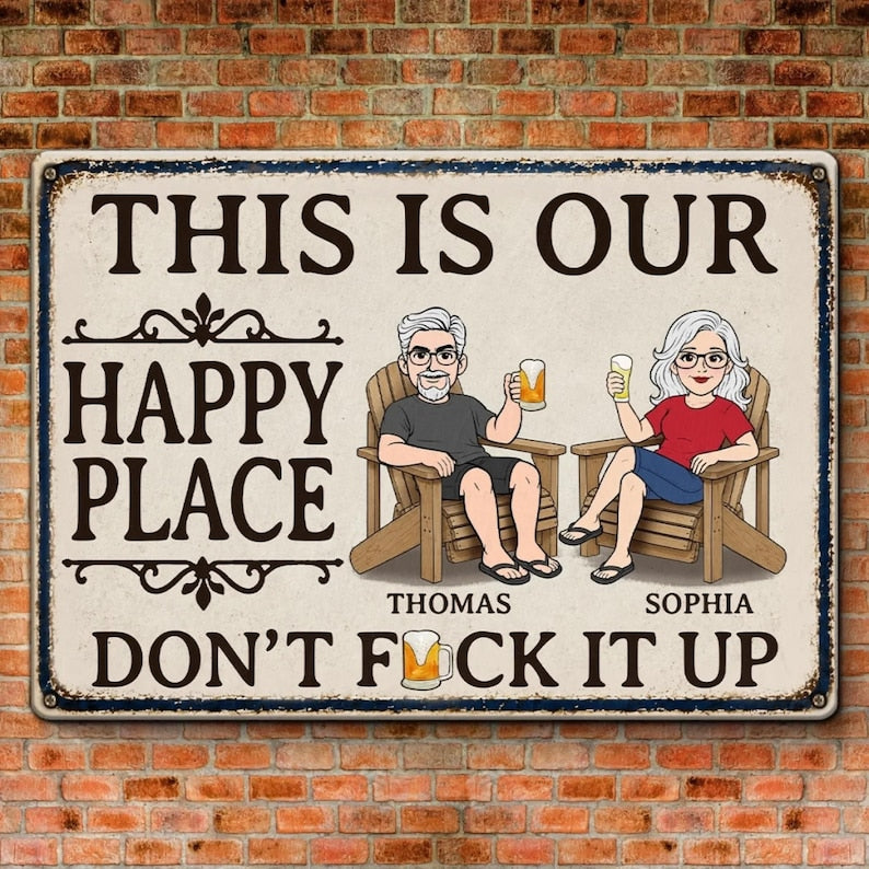 Personalized This Is Our Happy Place, Couple Happy Place Metal Sign, Gifts For Husband And Wife