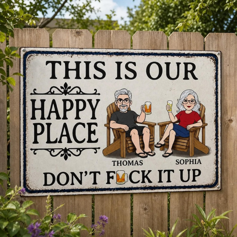 Personalized This Is Our Happy Place, Couple Happy Place Metal Sign, Gifts For Husband And Wife