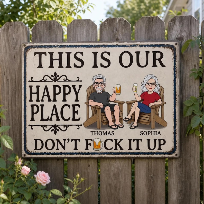 Personalized This Is Our Happy Place, Couple Happy Place Metal Sign, Gifts For Husband And Wife