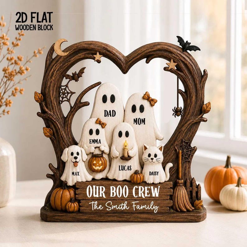 Custom Ghost Family Halloween Wooden Plaque, Rustic Fall Decor, Boo Crew Name Block, Halloween Gift
