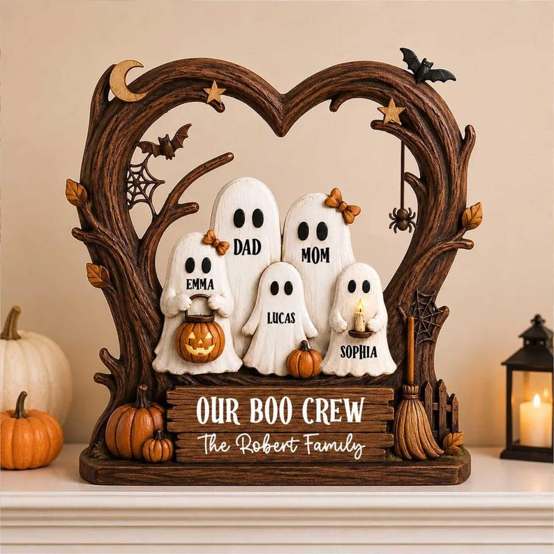 Custom Ghost Family Halloween Wooden Plaque, Rustic Fall Decor, Boo Crew Name Block, Halloween Gift